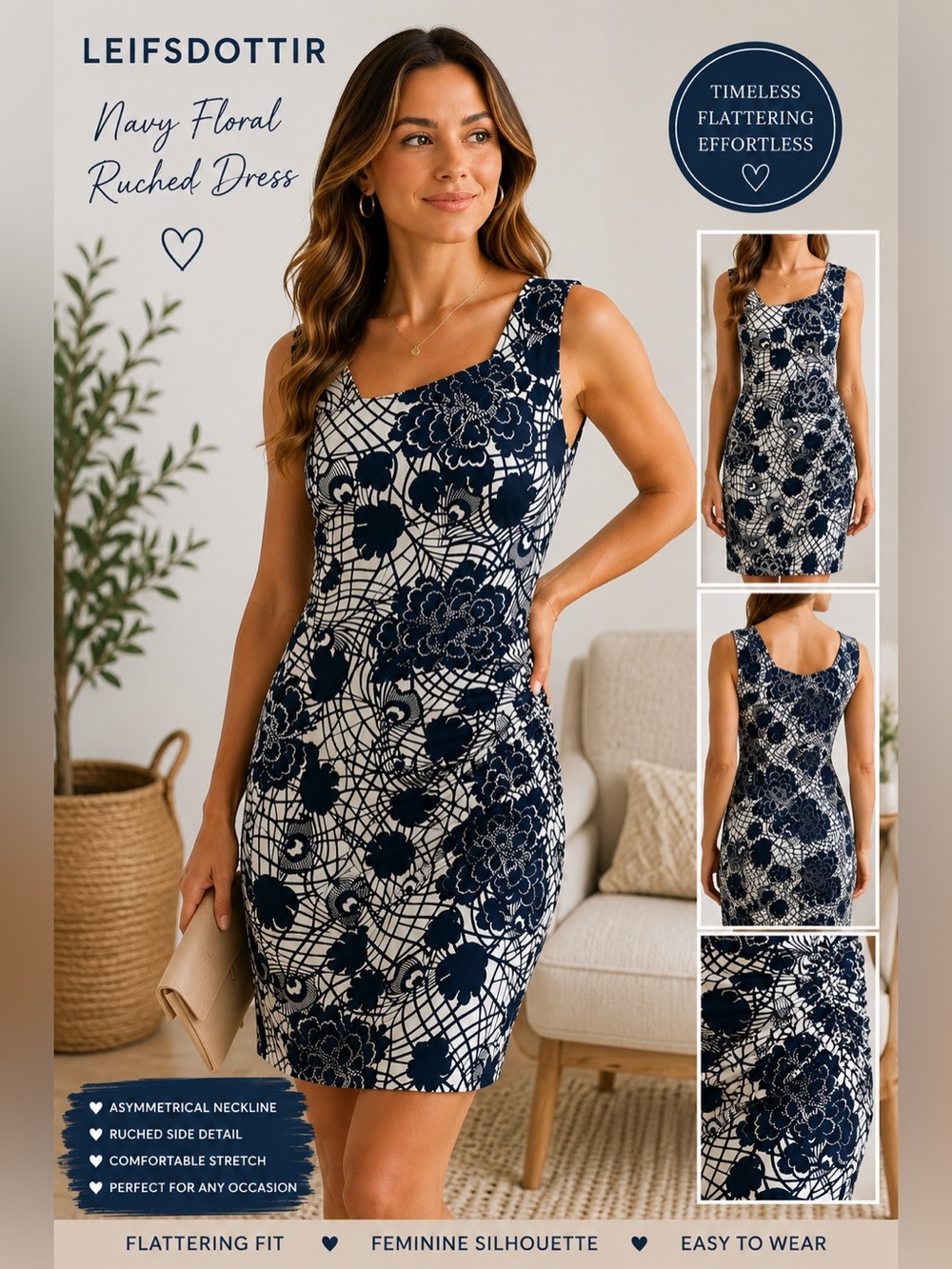 Leifsdottir Navy Blue Floral Ruched Sheath Dress | Medium | Abstract Print